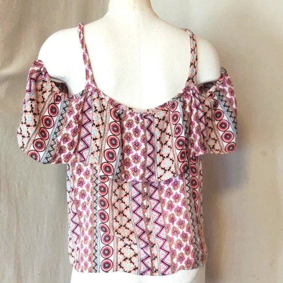 Midnight Sky Cold Shoulder Peasant Top, Colorful Geometric Floral women’s Large - Picture 5 of 10